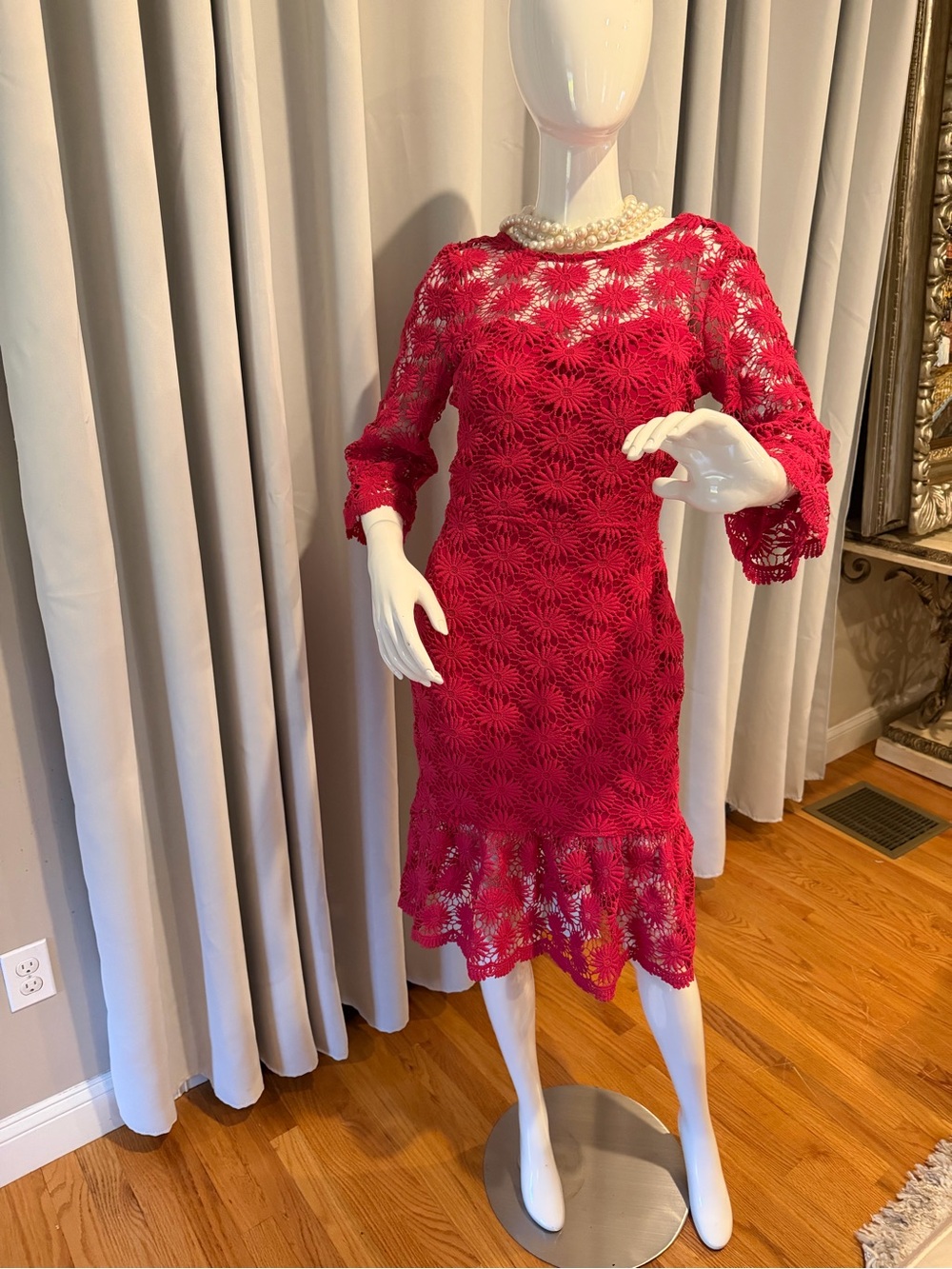 Fuchsia Floral Lace Midi Dress with Flared Hem